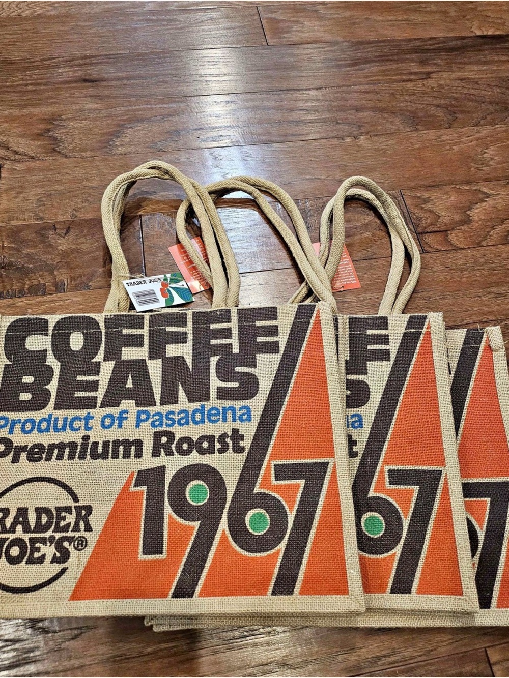 3 Trader Joe’s Jute Burlap Reusable Shopping Tote Bags - Matching Set of 3 NWT